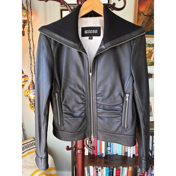 Guess Jackets & Blazers - Y2K Guess Black Leather Moto Jacket Ribbed Collar Double Zip - Medium